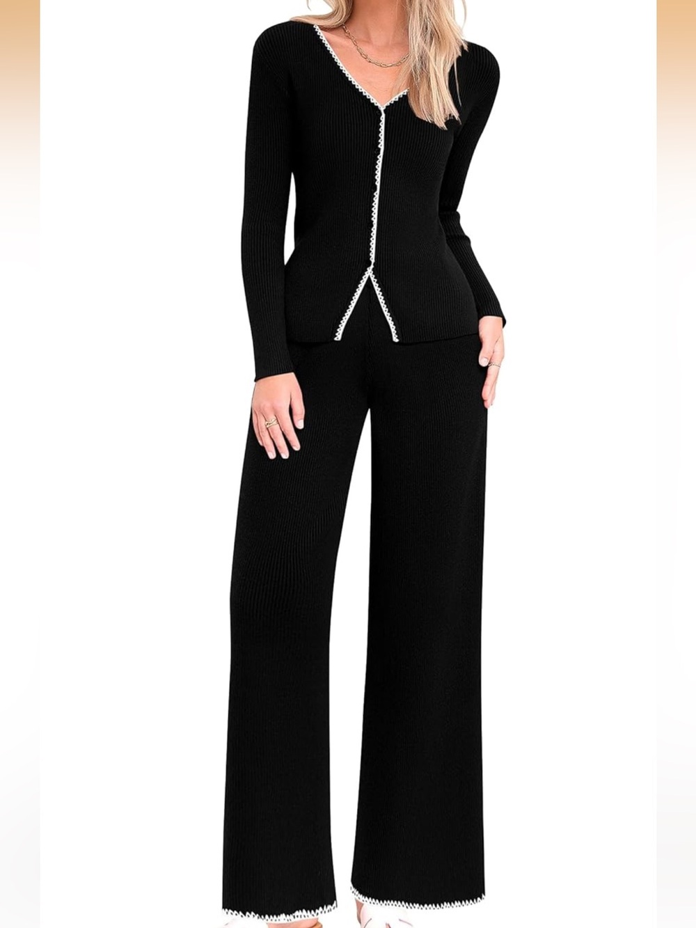 2 piece black knit lounge set long sleeve sweater top, matching wide leg pants